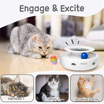 ORSDA 2in1 Interactive Toys for Indoor Cats, Timer Auto On/Off, Cat Toy Balls & Ambush Electronic Cat Mice Toy for Entertainment with 6pcs Feathers, Dual Power Supplies
