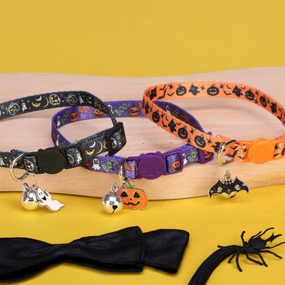3 Pack Halloween Breakaway Cat Collars with Bell & Charm-Holiday Cat Collar for Girl Boy Cats with Safety Buckle- Cute Pumpkin Skull Kitten Collar Adjustable 8"-12" for Kitty Puppy Small Pets