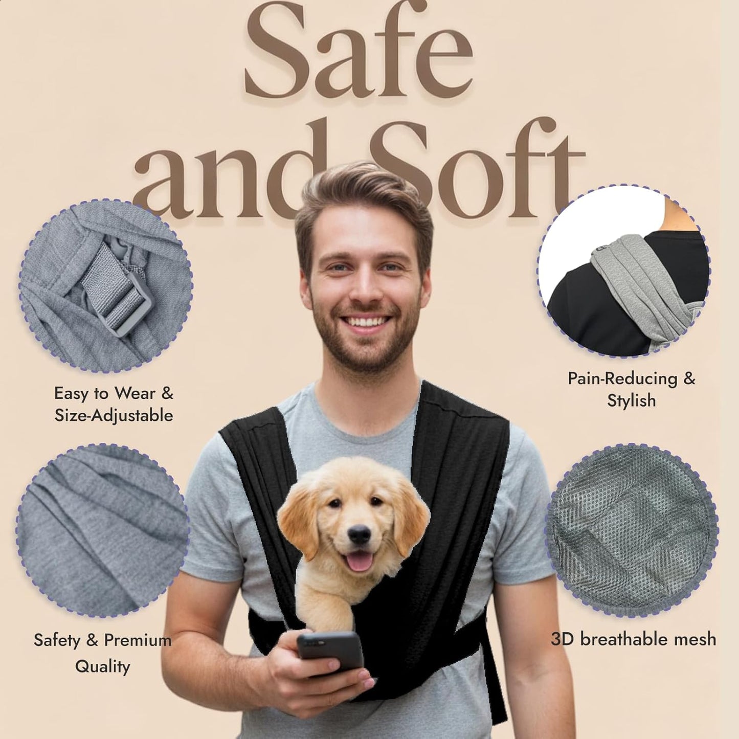 Dog Sling Carrier for Biking,Cat Cocoon Carrier,Pet Front Backpack Sling,Adjustable and Easy to Wear, Reducing Back Pressure (Black)