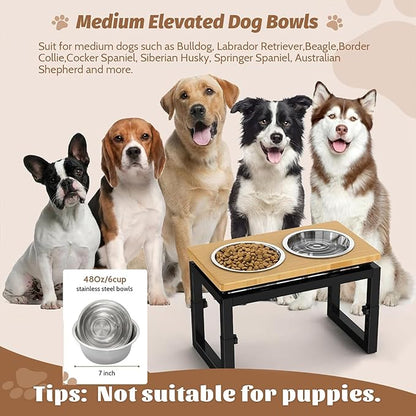 Dog Bowls Elevated, 4 Height & Angle Adjustable Raised Dog Bowl Stand, Elevated Dogs Bowl Stand for Medium Sized Pet, Sturdy Bamboo Dogs Feeding Station with 2X 48oz (6cup) Stainless Steel Dishes