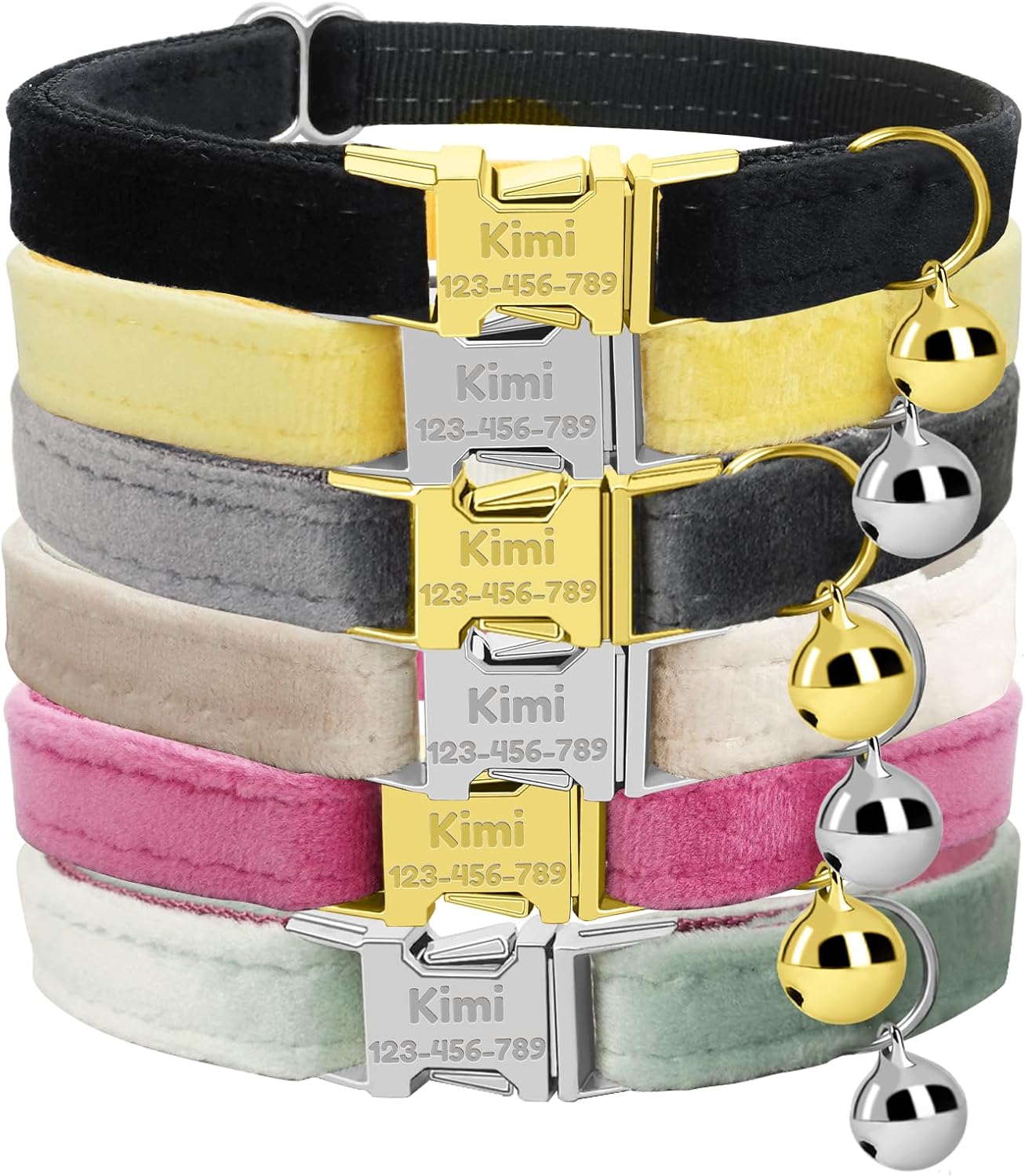 Personalized Cat Collar with Name Plate,Adjustable Tough Nylon Cat ID Collars with Bell,Customize Engraved Pet Name and Phone Number (Velvet Style E)