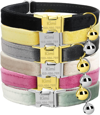 Personalized Cat Collar with Name Plate,Adjustable Tough Nylon Cat ID Collars with Bell,Customize Engraved Pet Name and Phone Number (Velvet Style E)