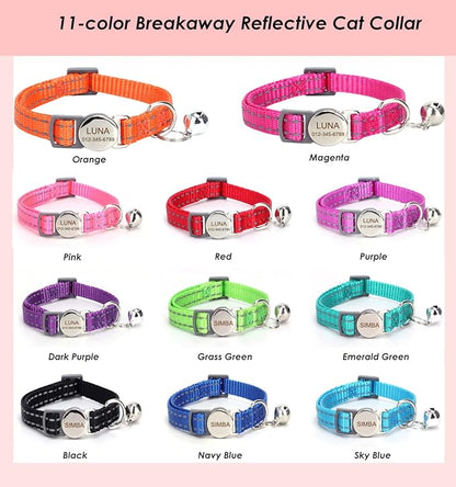 Personalized Reflective Cat Collar with Bell and Breakaway Buckle - Engraved Name and Phone Number
