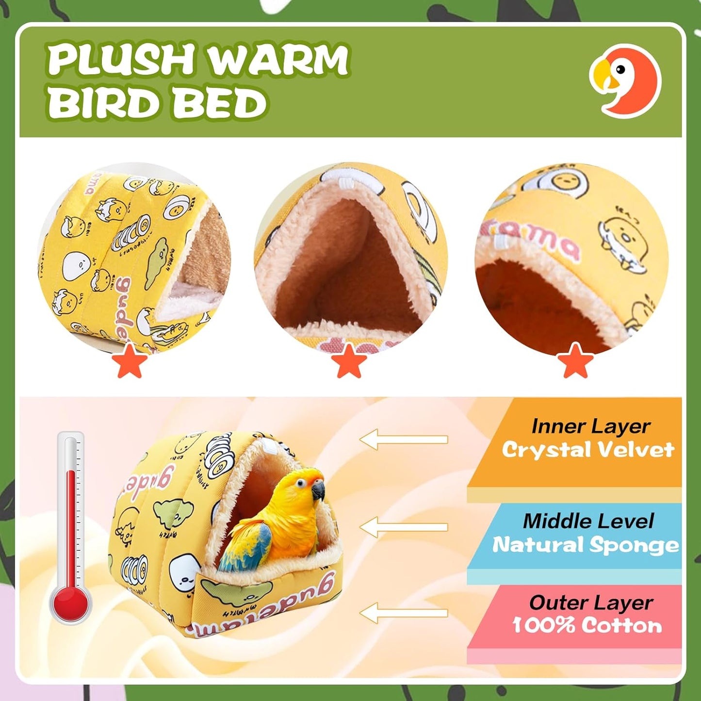 SUSOO Plush Warm Bird Nest House - Hanging Snuggle Bed Velvet Shed Hut Cage Fluffy Hideaway Winter Sleeping Hammock for Parrot Parakeet Conure Cockatiel Budgies Lovebird (Yellow, M)