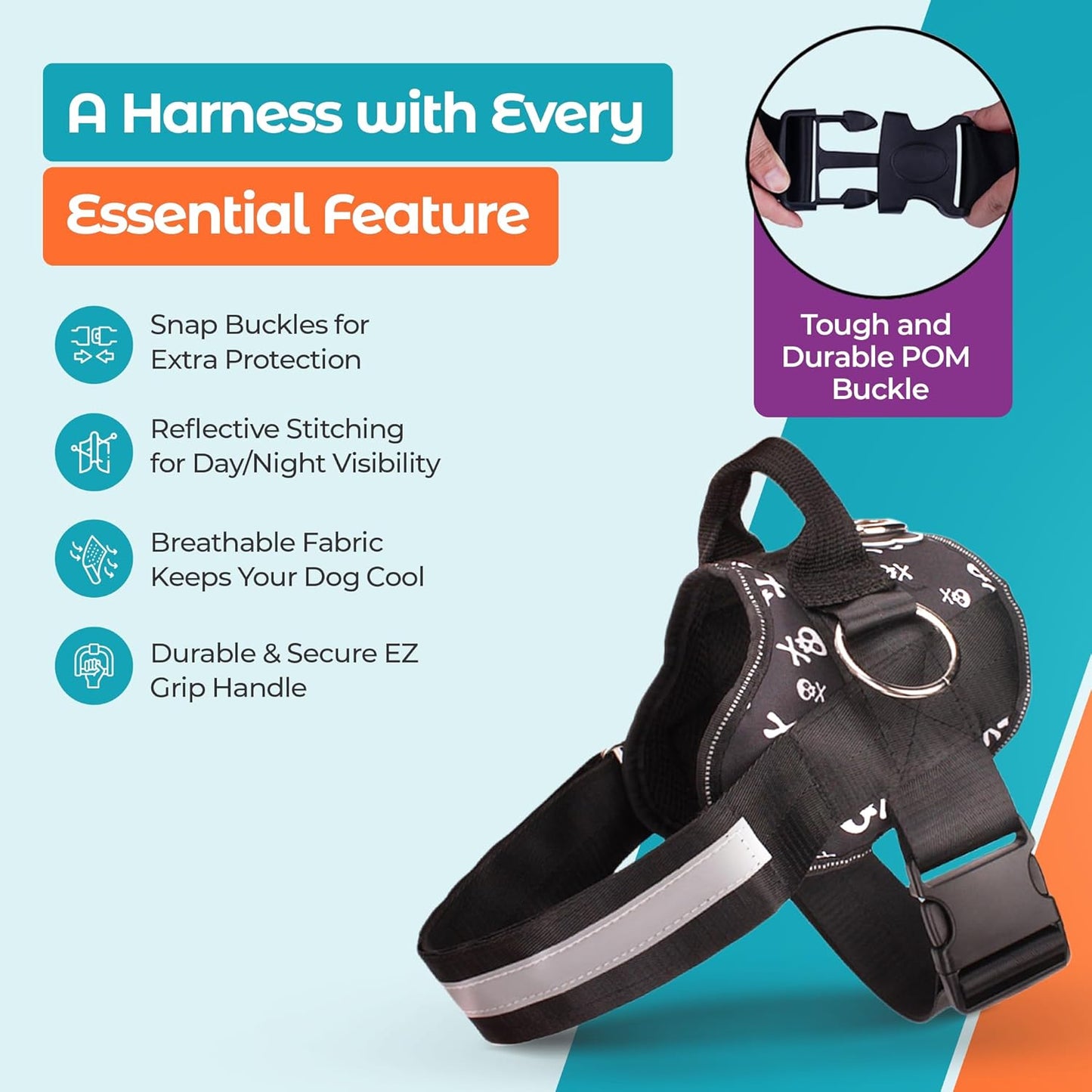 Joyride Basic Essential Dog Harness 1.0 - Small, Medium, Large Dogs, No-Pull Pet Vest with 3 Side Rings for Leash Placement, Adjustable for Training (Skull, XS)