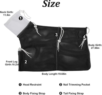 Cat Bathing Bag, Breathable Mesh Cat Shower Bag Anti Scratch Adjustable Cat Grooming Bag for Nail Trimming, Bathing Polyester Soft Cat Washing Bag (White- Black)