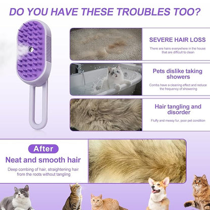 Steam Brush for Cat & Dog – 3-in-1 Spritz Pet Spray Hair Removal Comb for Grooming & Shedding Steam – Water Brush for Long