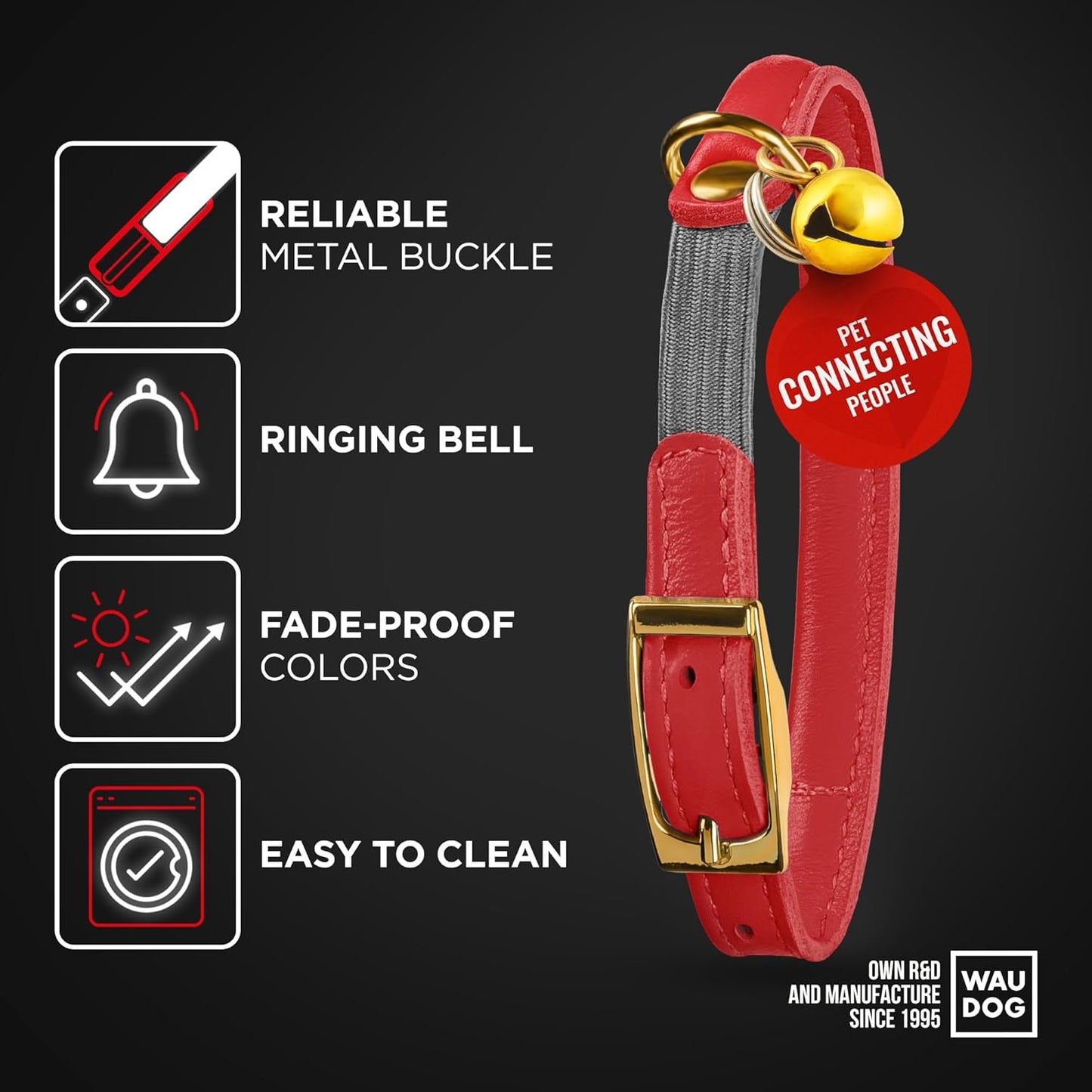 WAUDOG Ultra Soft Rolled Leather Cat Collar with Removable Bell, Safety Elastic Strap and QR ID Tag - Soft Padded for Small, Medium, and Large Cats - Round Kitten Collar for Male and Female Cats