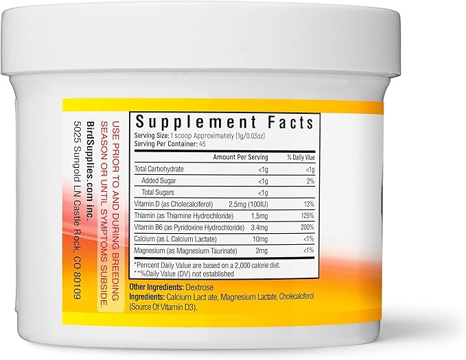 UnRuffledRx™ Bird Calcium Plus with Magnesium and D3, Dissolves Clear and Tasteless in Water, Supports Bone, Muscle, Feather and Egg Health, 45 Servings, Made in FDA-Registered USA Facility