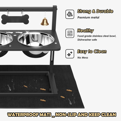 Elevated Dog Bowls with Slow Feeder and Spill Proof Mat, Adjustable Height 4.3-11.8'', Two 1.7L Stainless Steel Food & Water Bowls, Metal Raised Dog Bowl Stand, for Large Medium Breeds