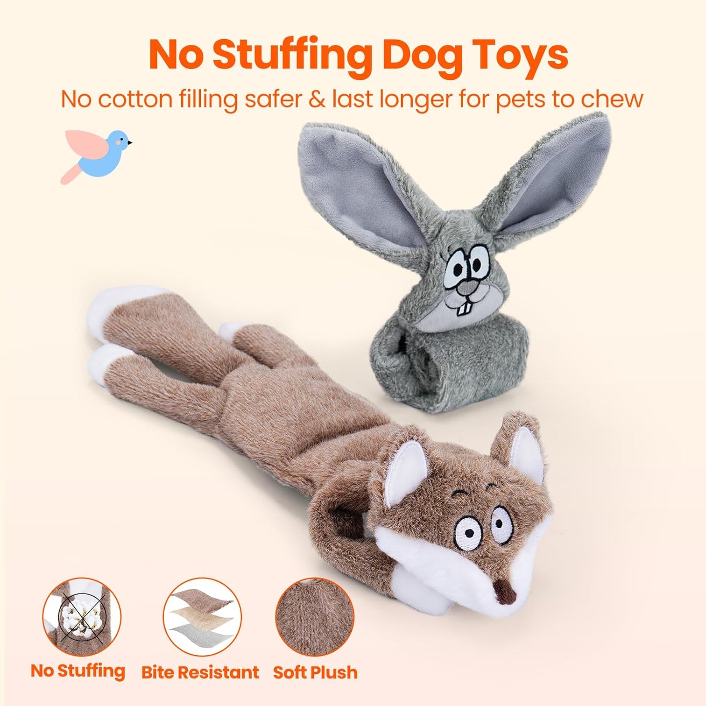 HGB No Stuffing Dog Toys for Aggressive Chewers, Squeaky Crinkle Plush Dog Toys to Keep Them Busy & Puppy Teething for Small, Medium, Large Breed, Cute Bunny & Redfox