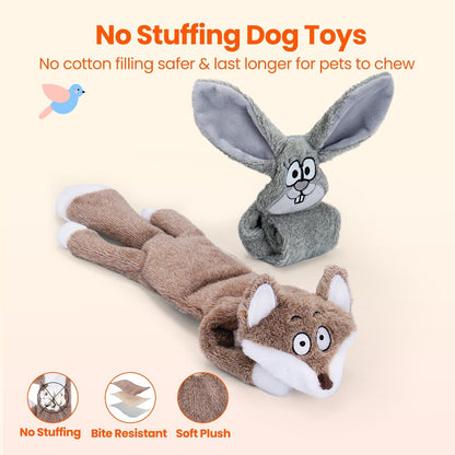 HGB No Stuffing Dog Toys for Aggressive Chewers, Squeaky Crinkle Plush Dog Toys to Keep Them Busy & Puppy Teething for Small, Medium, Large Breed, Cute Bunny & Redfox