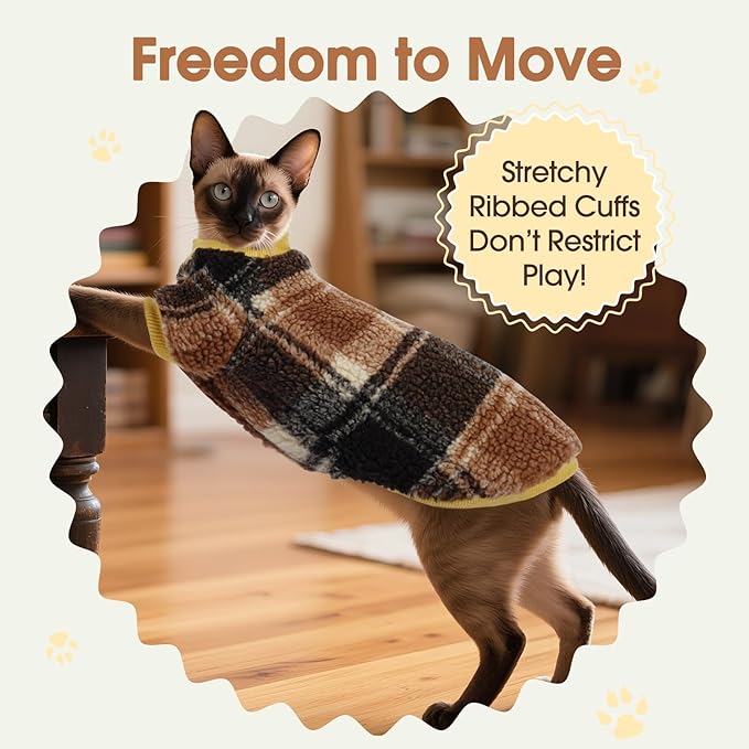 DENTRUN Cat Sweater Winter Clothes - Plush Fleece Coat with Cotton Lining, Anti-Static, Front Legs Kitten Pajamas, Stretch Ribbed Cuffs for Warmth, Cozy Christmas Outfit for Small Medium Large Cats