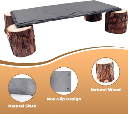 Bearded Dragon Basking Platform, Slate Rocks for Reptiles with Wooden Pile, Leopard Gecko Hides and Caves, Reptile Tank Accessories for Bearded Dragons, Geckos, Ball Pythons, Tortoise (Black, Small)