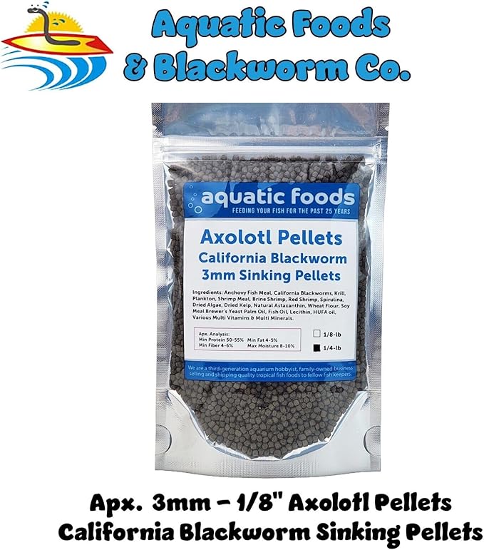 Aquatic Foods Inc. Axolotl Blackworm Pellets. 3mm-1/8 Sinking California Blackworm Medium Pellets for Medium/Large Axolotl, Frogs, Shrimp, Salamanders, Newts, Snails…1/4-lb Pouch Bag