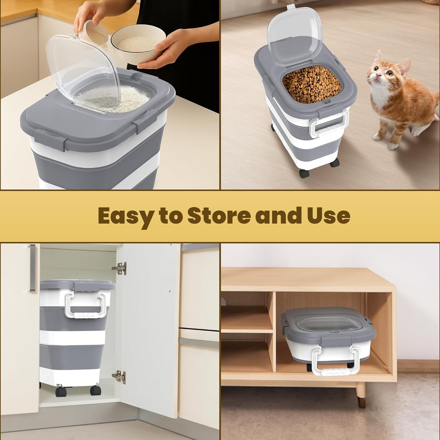 HOYTAMDA 25-35Lbs Rice Container,Collapsible Airtight Food Storage Containers with Wheels,Handle,Rice Storage Container with Small Bin and Scoop,Rice Dispenser for Flour Sugar Cereal Grain Dog Cat