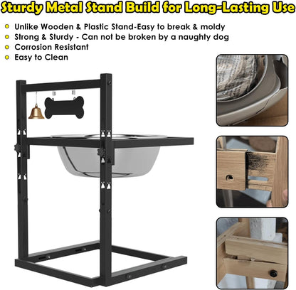 1.6Gallon Elevated Dog Water Bowl for Large Dogs, Height Adjustable (10-17.8in) Raised Stainless Steel Bowl with Spill-Proof Mat & Sturdy Metal Stand, Easy-Clean Feeder for Indoor/Outdoor Use