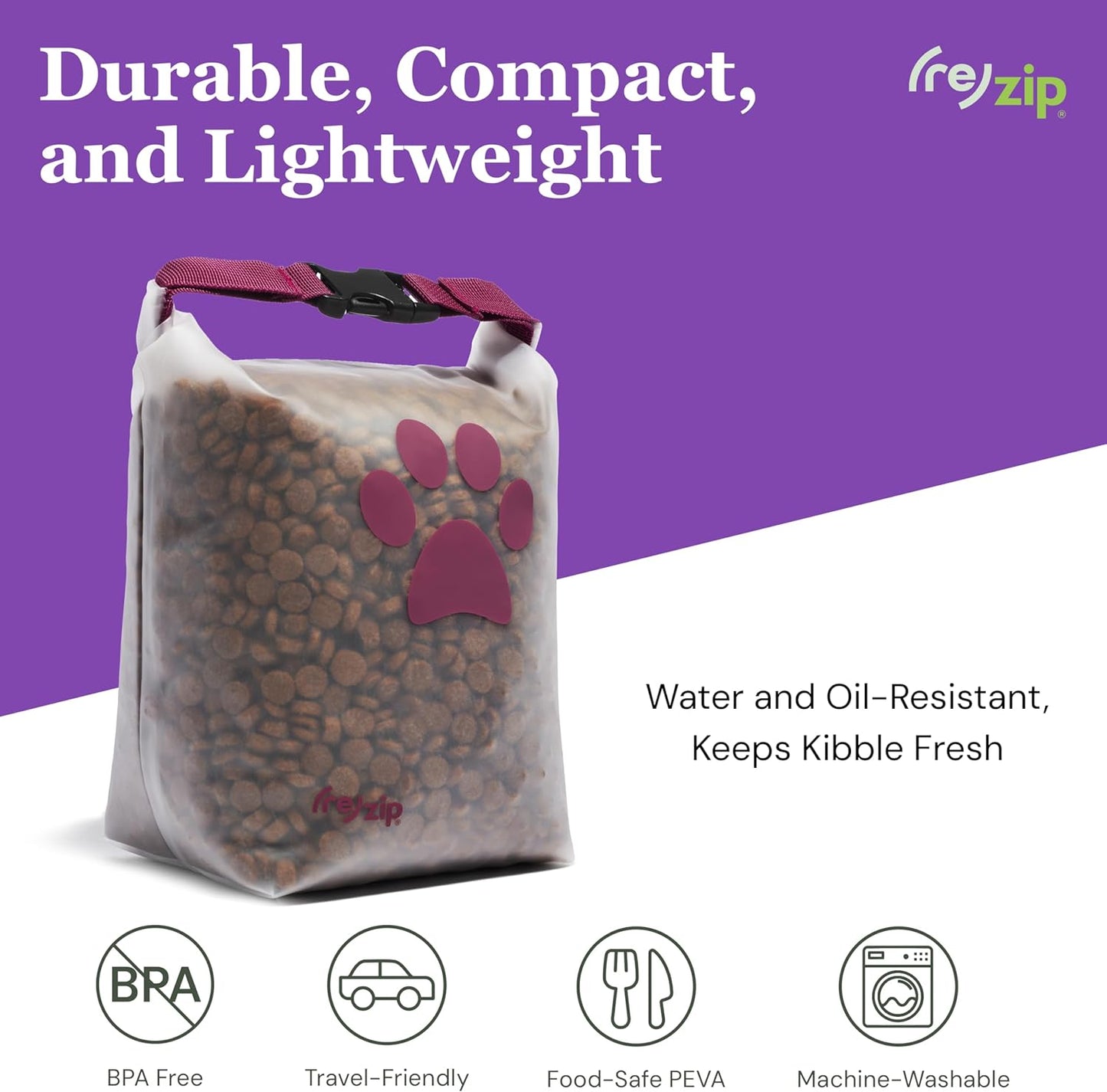 (re)zip Roll Top Pet Food Storage Bag (14-Cup) | BPA-Free, Food Grade, Pet Safe | Keeps Kibble Fresh for Camping, Dog Boarding, Weekend Getaways | Machine Washable | Magenta