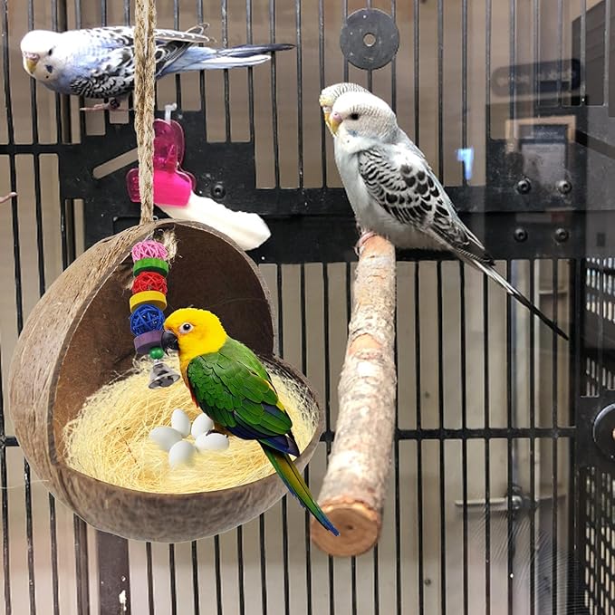 kathson Natural Coconut Shell Bird Nest,Hanging Coconut for Birds Parakeet Coconut Hut Coco Shell Bird House Cage Accessories Decoration for Parrots Lovebird Parakeets Finch Canary