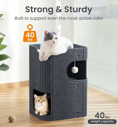 Made4Pets Cat House for Indoor Use, 2-Storey Cube Bed Cave, Covered Hideaway Condo with Scratch-Resistant Felt, Foldable Easy-to-Clean Design for Multi-Cat Homes, Dark Grey