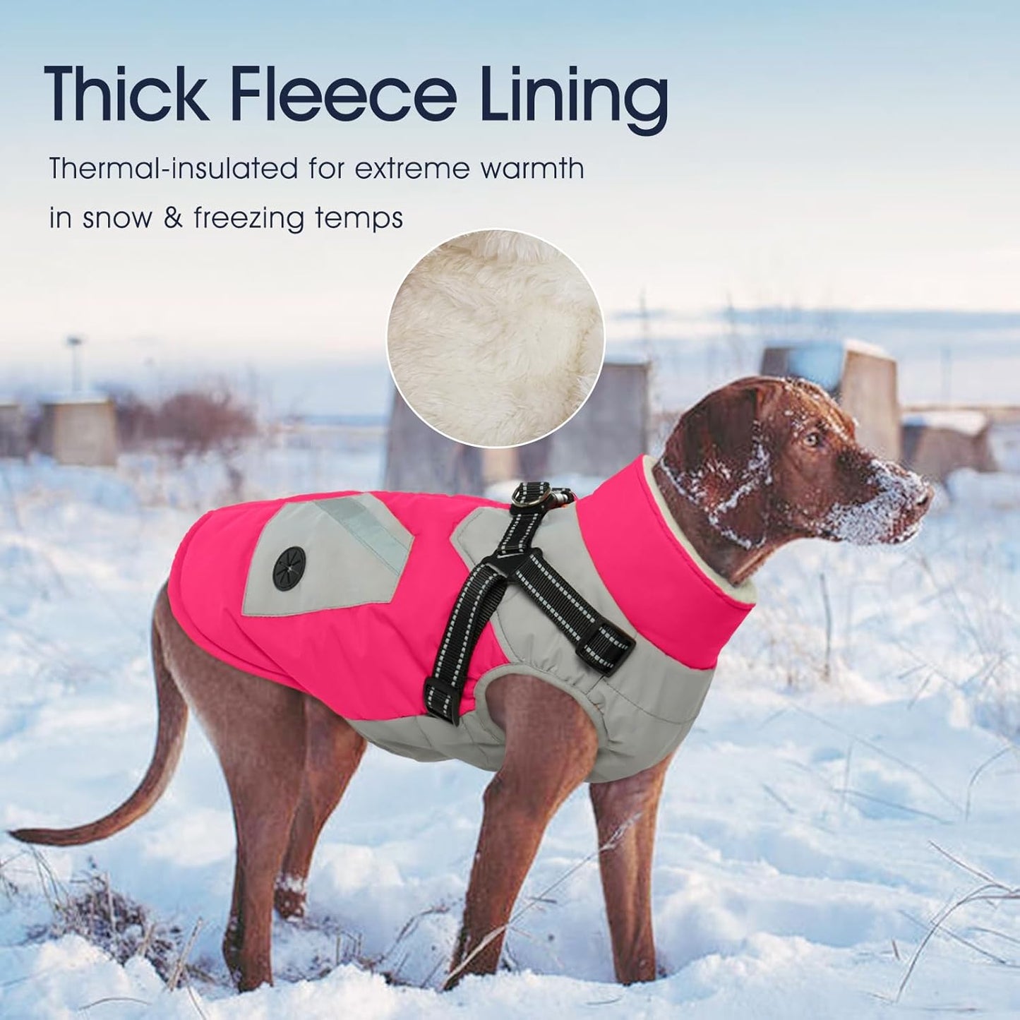 IECOii Large Dog Coat with Harness Built in,Reflective Waterproof Dog Coat for Giant Breeds - Zip Up Fleece Jacket for Dogs,Great Dane Winter Coats Warm Snowsuit for Cold Weather, Rosered, 4XL
