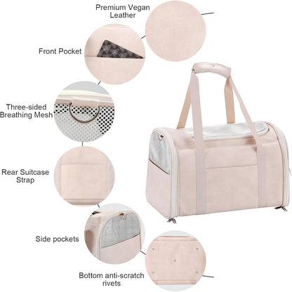 Fashion Leather Dog Carrier Cat Carrier Airline Approved Pet Carrier for Small Medium Dogs Cats Under 15Lbs, Collapsible Soft Sided Travel Puppy Carrier White