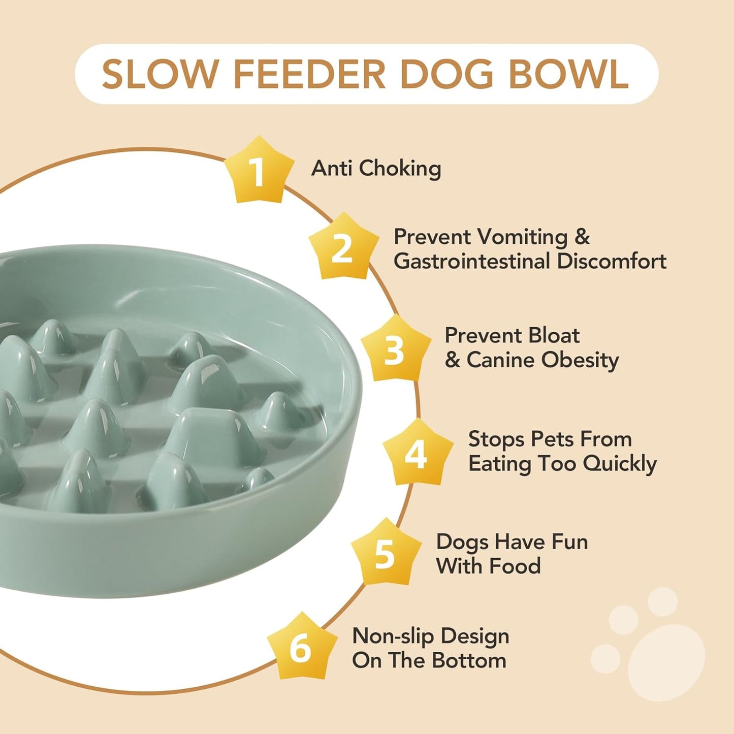 Ceramic 1.6 Cup Dog Bowl Slow Feeder, 8.2 inch Slow Pet Food Dish for Medium and Large Dog, Stop Bloat, Preventing Choking(Single Bowl, Light Green)