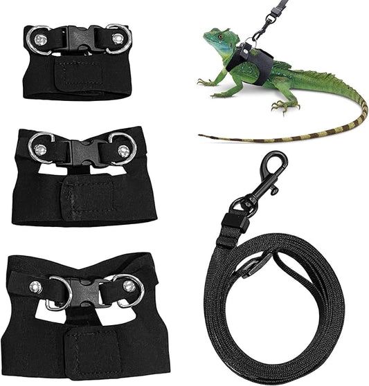 Bearded Dragon Harness and Leash Set, 3 Size Adjustable Soft Leather Reptile Leash, Lizard Harness with Retractable, Small Animal Outdoor Walking Vest with Traction Rope, 3 Pack, Black