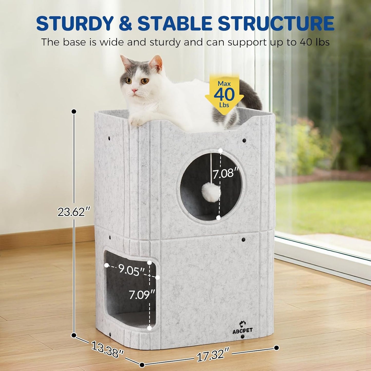 Cat House for Indoor Cats Large Cat Bed Cave 2-Storey Cats Condo with Cozy Felt Covered Hideaway for Multiple Pets Light Gray