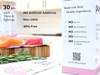 Purrly Squeezable Cat Treats Wet Healthy Interactive Hydrating Human-Grade Tuna & Salmon with Omega-3 & 6 for Skin & Coat (30 Count) Lickable Healthy Creamy Puree