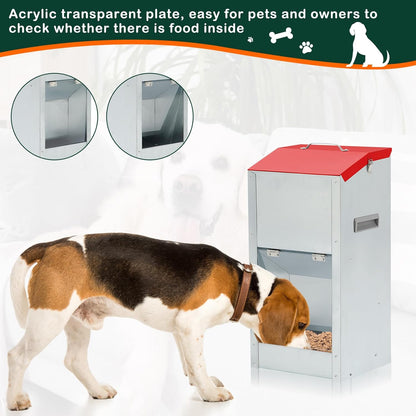 2 Pcs 12 Lbs Large Automatic Dog Feeders with Handle Acrylic Panel Galvanized Gravity Feeder Outdoor Hanging for Doggie Breed Dog Food Dispenser Container(Red, No Wheels)