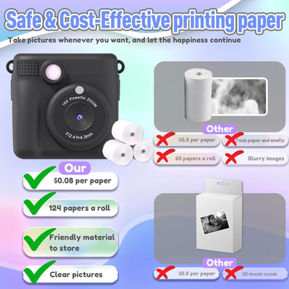 Kids Camera Instant Print, Christmas Birthday Gifts for Kids Age 3-12, Selfie Digital Camera with 1080P Videos,Toddler Portable Travel Cameras Toy for 4 5 6 7 8 9 Year Old Boys Black