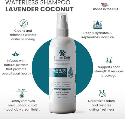 Lillian Ruff Waterless No-Rinse Dog Dry Shampoo Spray with Hydrating Essential Oils - pH-Balanced Dry Shampoo for Dogs - Clean, Condition, Detangle & Deodorize Dry, Sensitive Skin (Lavender Coconut)