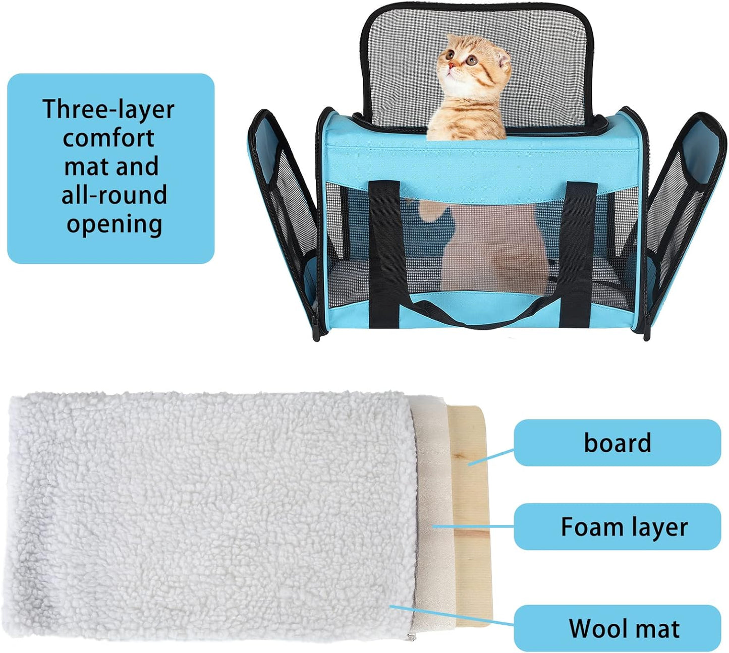 Cat Carrying Case - Pet Carrier Airline Approved, Protable and Breathable Pet Travel Carrier Removable Fleece Pad, Collapsible Cat Carrier Dog Carrier for Medium Cats Small Cats Dogs(Medium, Blue)