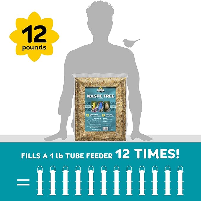 Audubon Park Waste Free Wild Bird Seed – 12 lb. No Mess Blend with Sunflower Hearts & Peanut Pieces – Bird Food for Outside Feeders