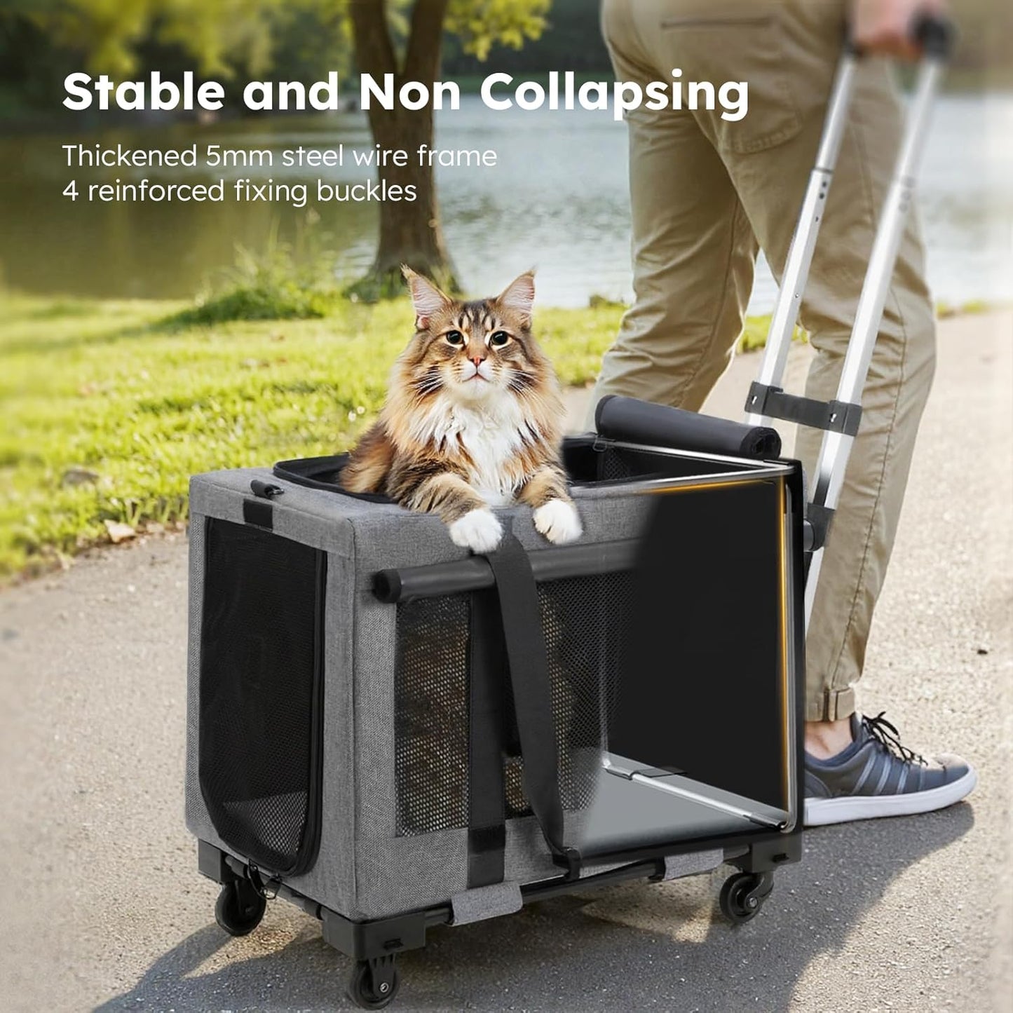 Pecute Cat Carrier with Wheels,Steel Wire Frame Cat Carrier, Stable Pet Trolley Bag for Cats, Pet Handbag and Stroller Bag, Portable Cat Carrier Bag for Car Travel Bus Subway, L, Grey