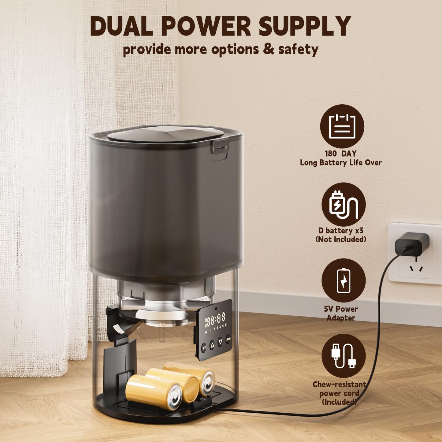 Automatic Cat Feeder & Fountain, 3L Timed Dry Food Dispenser, 10 Portions 1-4 Daily Meals, Auto Feeder with Desiccant Bag, Water Dispenser with Filter, Wire or Battery Powered