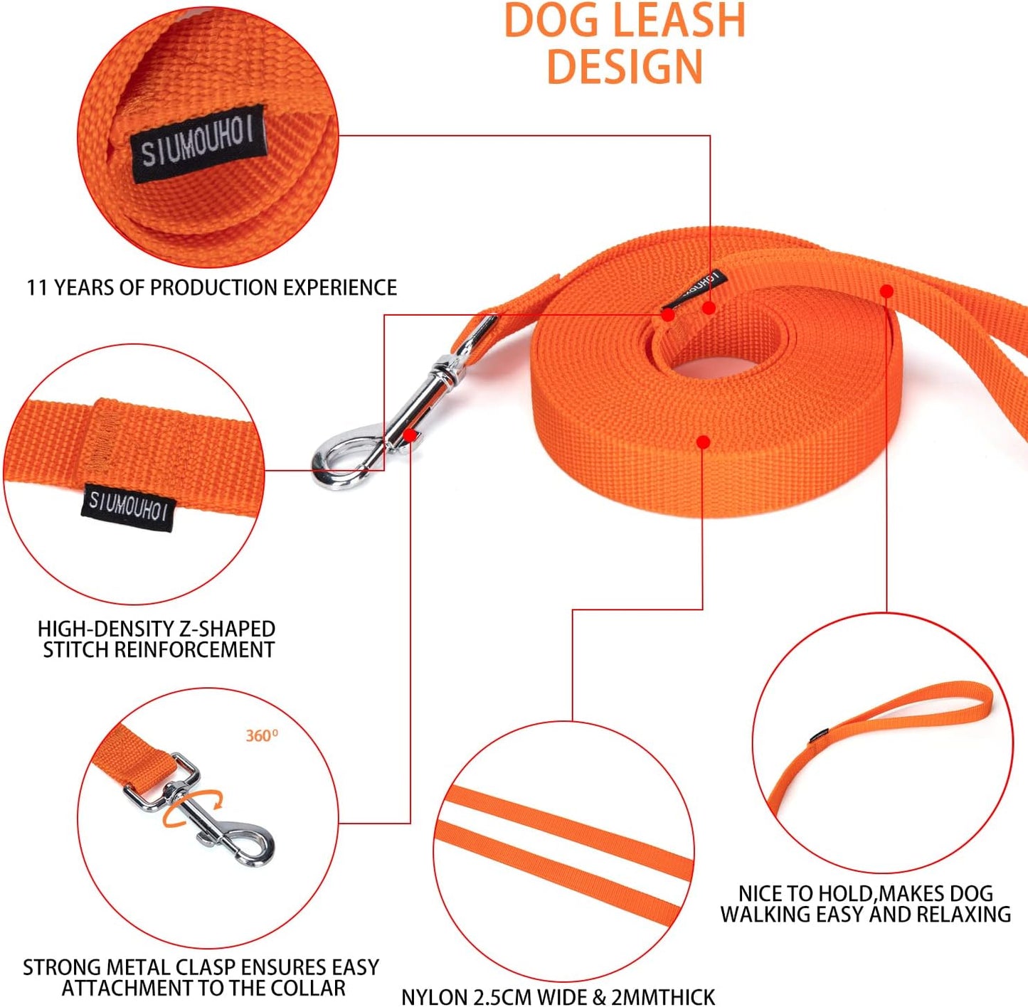 Strong Durable 15ft Nylon Dog Training Leash, 1 Inch Wide Traction Rope, for Small and Medium Dog (Orange, 15 Feet)