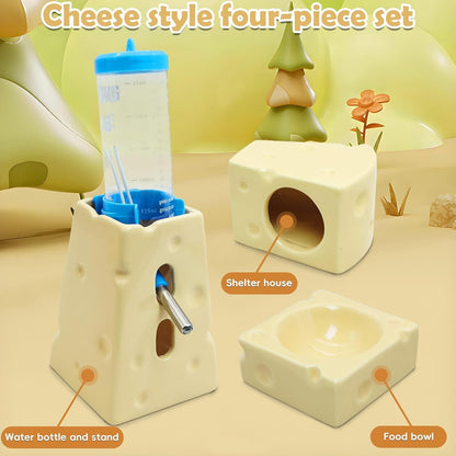 PINVNBY Ceramic Hamsters Hideout, Hamster Food Bowl and Water Bottle with Stand Ceramic Cheese Hamster Cage Accessories for Campbell Gerbil Dwarf to Eat Drink and Play in Habitat(4 PCS)