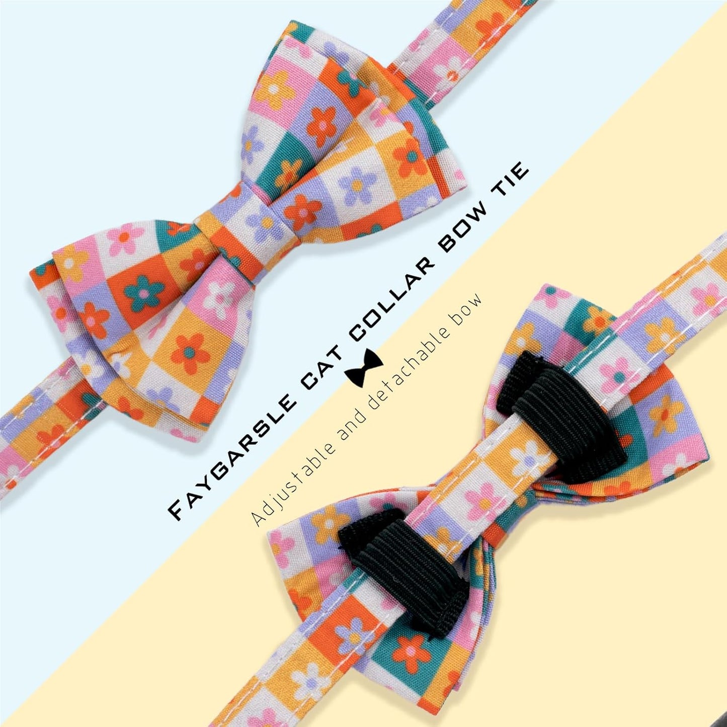 Faygarsle 2 Pack Floral Pattern Cat Collar Set with Bandana and Bow Tie, Breakaway Safety Buckle, Colorful Checkered Design