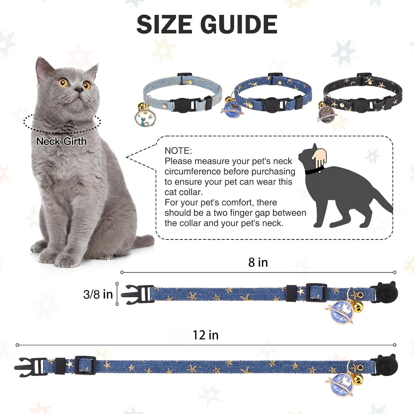 3 Pack Breakaway Cat Collars with Bell- Moon and Stars Pendant Cat Collar for Girl Boy Cats with Safety Buckle- Cute Kitten Collar Adjustable 8"-12" for Kitty Puppy Small Pets