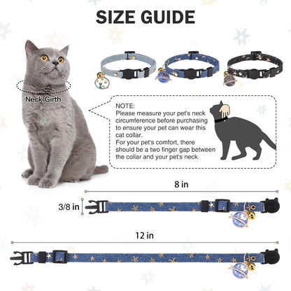 3 Pack Breakaway Cat Collars with Bell- Moon and Stars Pendant Cat Collar for Girl Boy Cats with Safety Buckle- Cute Kitten Collar Adjustable 8"-12" for Kitty Puppy Small Pets