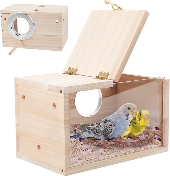 Parakeet Nesting Box Transparent Bird House for Cage Natural Wood Breeding Box for Parrot Parakeet Cockatiel Lovebirds Budgie Conure and Other Small Birds