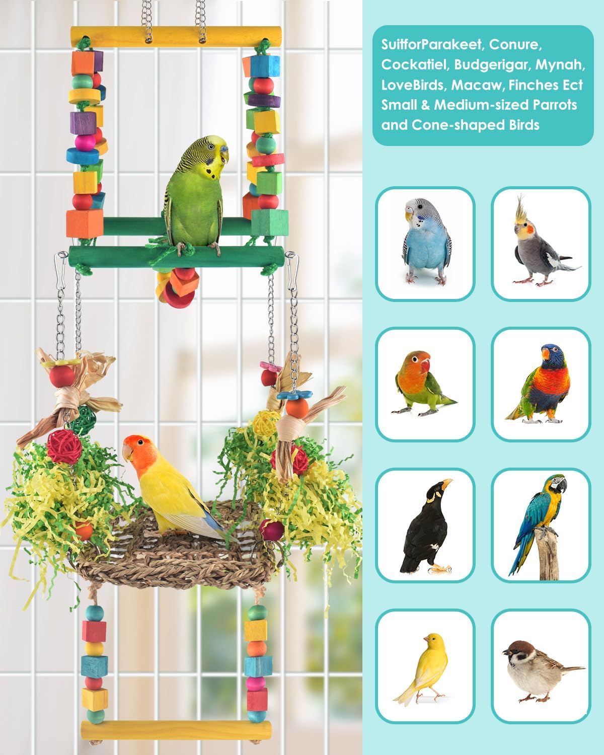 Bird Hammock Toys Parakeet Perches Swing, 3in1 Detachable Parrot Cage Accessories, Wooden Hanging Chew Toys for Small to Large Conure Cockatiel Quaker African Grey