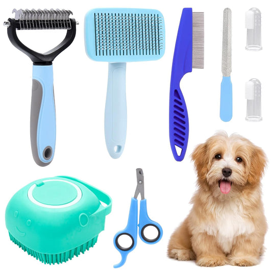 VCZONE 8 Pcs Dog Brush Grooming Kits, Includes Pet Nail Clipper and File, Flea Comb, Pet Shampoo Bath Brush, Pet Shedding Brush, Pet Dematting Comb, Silicone Toothbrush (Blue)