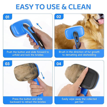 Dog Brush Kit – 3 PCS Grooming Set with Self-Cleaning Brush, Undercoat Rake & Pet Bath Brush. Great for Shedding, Tangles & Dirt Removal – Ideal for Long & Short Haired Dogs & Cats, Blue