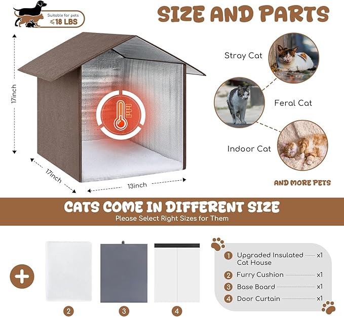 Insulated Outdoor Cat House Weatherproof, Winter Cat Houses for Outdoor Cats with Heated-Foil, Waterproof Feral Stray Cat Shelter with Warm Mat and Door Curtain, Easy to Assemble, Brown