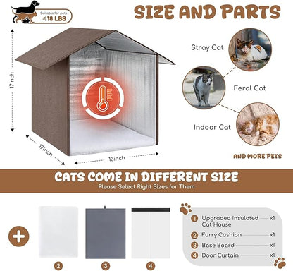 Insulated Outdoor Cat House Weatherproof, Winter Cat Houses for Outdoor Cats with Heated-Foil, Waterproof Feral Stray Cat Shelter with Warm Mat and Door Curtain, Easy to Assemble, Brown