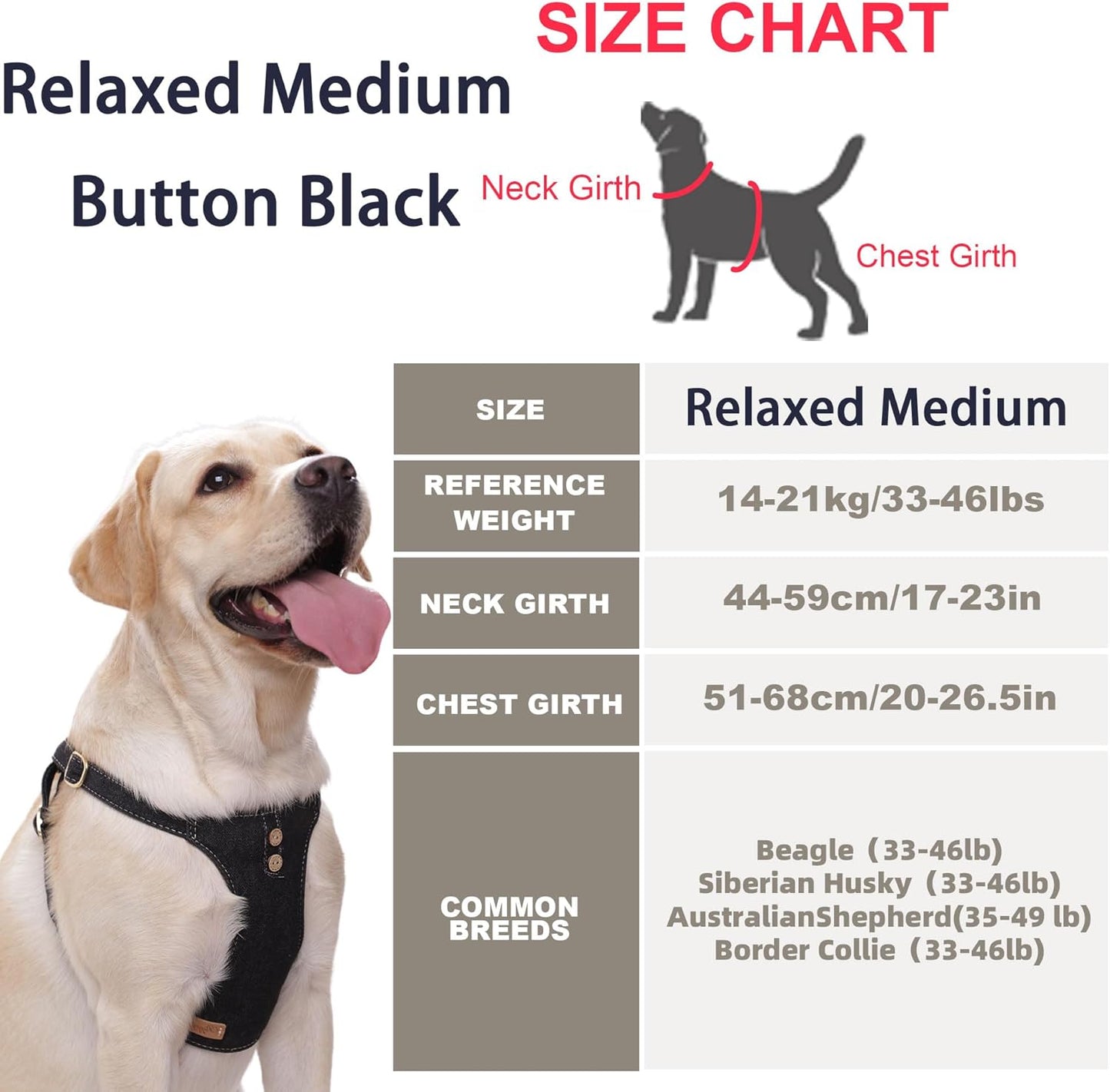 Dog Harness, No Pull Dogs Harness and Multi-Function Leash Set for Medium Dogs Easy Walk Everyday Adjustable Soft Dog Vest Harness Fashionable Dog Accessories Black-Button-Relaxed Medium
