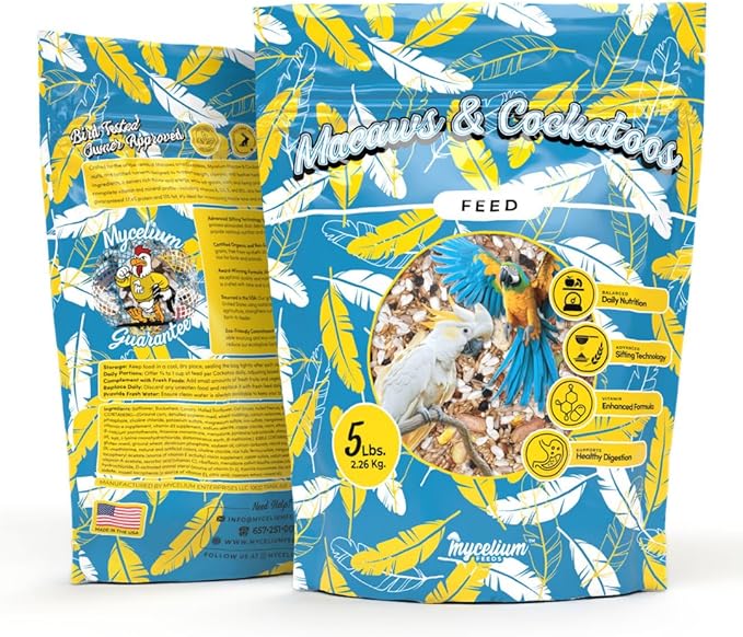 Mycelium Organic Macaw & Cockatoo Feed (5 LB Bag) | Organic Bird Seed for Large Pet Birds| High-Protein Seed, Pellet & Kibble Mix with Vitamins | Supports Digestion & Energy | USA-Made & Non-GMO